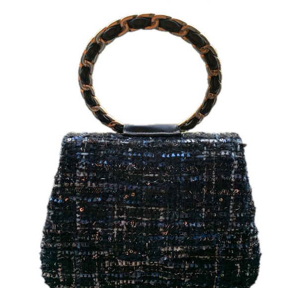 Mini Tweed Blue Black White Fabric Gold Chain Link Shoulder Handbag - Picture 2 of 14